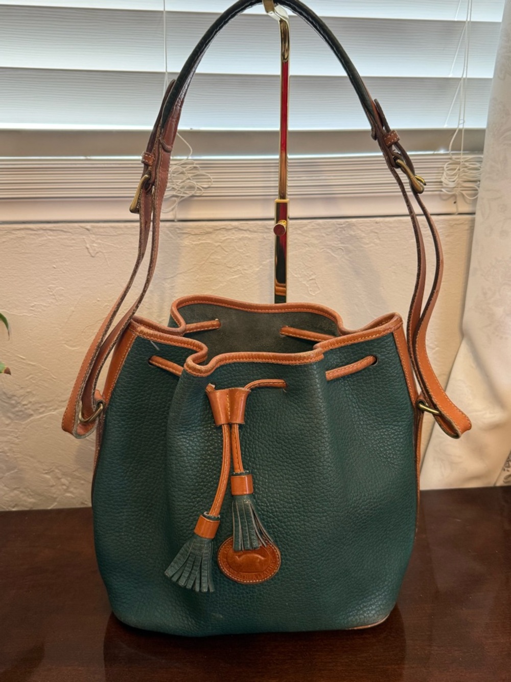 Vintage Dooney & Burke Drawstring Bucket Bag AWL in Forest Green and Tan